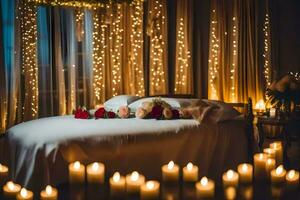 a bed with candles and flowers in front of a curtain. AI-Generated photo