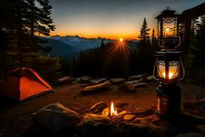 a campfire and lantern sit in the middle of a forest at sunset. AI-Generated photo