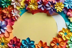 colorful paper flowers arranged in a circle on a yellow background. AI-Generated photo