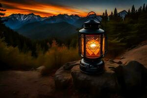 a lantern is lit up in the mountains at sunset. AI-Generated photo
