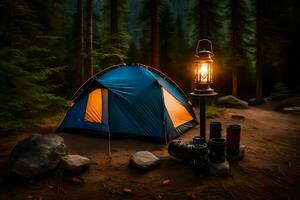 a tent in the woods with a lantern and a lamp. AI-Generated photo