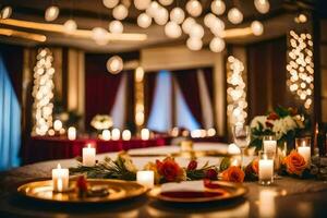 candles and flowers decorate the table for a wedding reception. AI-Generated photo