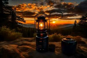 an old lantern sits on a rock in front of a sunset. AI-Generated photo