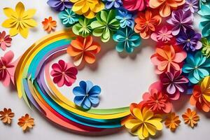 a colorful paper flower arrangement with a rainbow. AI-Generated photo
