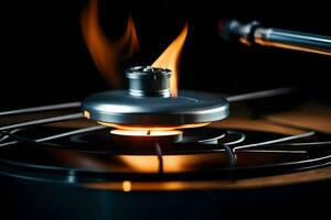 a gas burner on a stove with a flame. AI-Generated photo