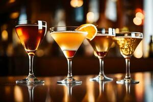 five different types of alcoholic drinks on a bar. AI-Generated photo