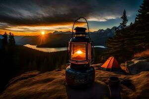 a lantern is lit on a mountain top at sunset. AI-Generated photo