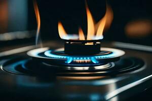 a gas stove with flames on it. AI-Generated photo