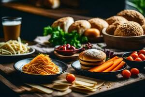 various foods including pasta, bread, cheese, vegetables and hamburger on a table. AI-Generated photo