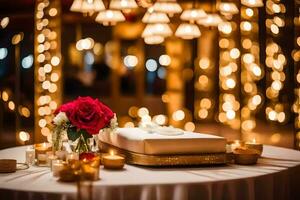 a wedding cake on a table with candles and lights. AI-Generated photo