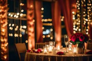 un mesa conjunto para un Boda recepción con velas y rojo rosas. generado por ai foto