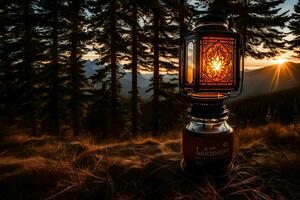 a lantern sitting on top of a mountain. AI-Generated photo