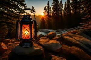 a lantern is lit up in the woods at sunset. AI-Generated photo