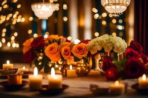 a table with candles and flowers in front of a string of lights. AI-Generated photo