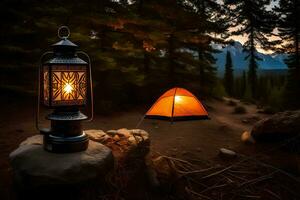 a campfire and a tent in the woods at night. AI-Generated photo