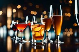 a row of glasses with different alcoholic drinks. AI-Generated photo