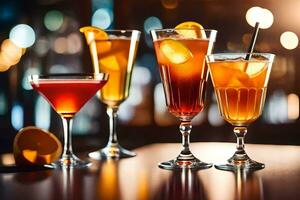 three different types of alcoholic drinks on a bar. AI-Generated photo