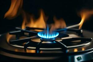 a gas stove with flames and blue flames. AI-Generated photo