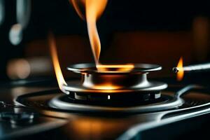 a close up of a gas stove with flames. AI-Generated photo