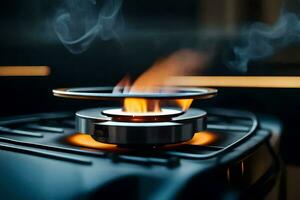 a gas burner on a stove top with smoke coming out. AI-Generated photo