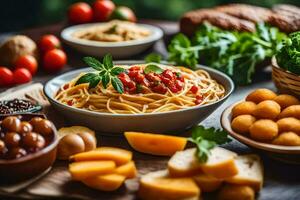 spaghetti with tomatoes, cheese and bread on a table. AI-Generated photo