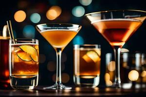cocktails on a bar counter with bokeh background. AI-Generated photo