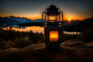 a lantern is lit on top of a mountain overlooking a lake. AI-Generated photo