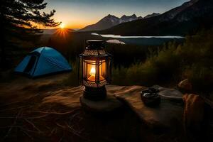 a campfire and a tent sit on a rock overlooking a lake. AI-Generated photo