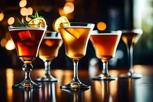 five different types of alcoholic drinks on a bar. AI-Generated photo
