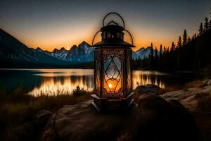 the lantern, sunset, mountains, lake, sunset, the lantern, the lantern, the lantern. AI-Generated photo