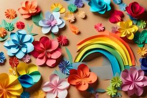 colorful paper flowers and a rainbow. AI-Generated photo