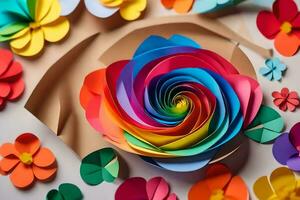 a colorful paper flower is surrounded by paper flowers. AI-Generated photo