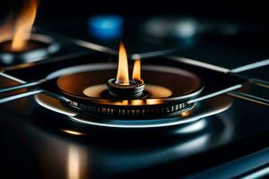 a gas stove with a flame burning on it. AI-Generated photo