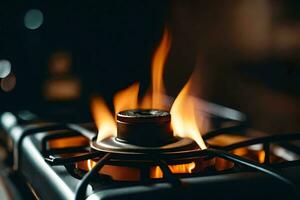 a gas stove with flames on it. AI-Generated photo