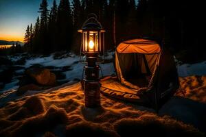 a tent and a lantern on the side of a mountain. AI-Generated photo