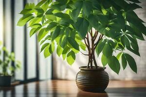 a potted plant on a wooden floor. AI-Generated photo
