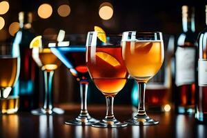 a group of different alcoholic drinks on a bar. AI-Generated photo