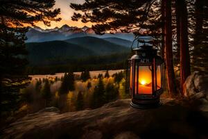 un linterna es iluminado en el montañas a puesta de sol. generado por ai foto