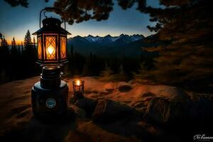 a lantern lit up in the dark with mountains in the background. AI-Generated photo
