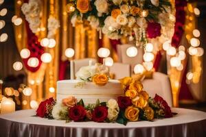 a wedding cake with flowers and candles on top. AI-Generated photo