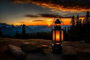 a lantern is lit on a mountain at sunset. AI-Generated photo