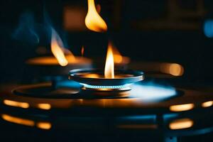 a close up of a gas stove with flames. AI-Generated photo