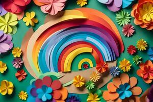 colorful paper flowers and rainbow on a green background. AI-Generated photo