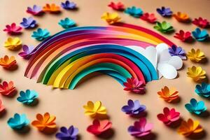 a rainbow and colorful paper flowers on a beige background. AI-Generated photo