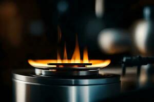 a close up of a gas burner on a stove. AI-Generated photo