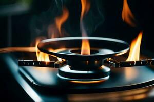 a gas stove with flames coming out of it. AI-Generated photo