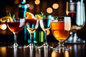 various alcoholic drinks are lined up on a table. AI-Generated photo