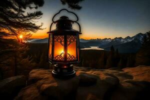 lantern, the sun, mountains, sunset, the mountains, hd wallpaper. AI-Generated photo