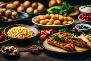 a variety of foods including fish, vegetables and potatoes. AI-Generated photo