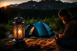 a man sitting next to a campfire and a tent. AI-Generated photo